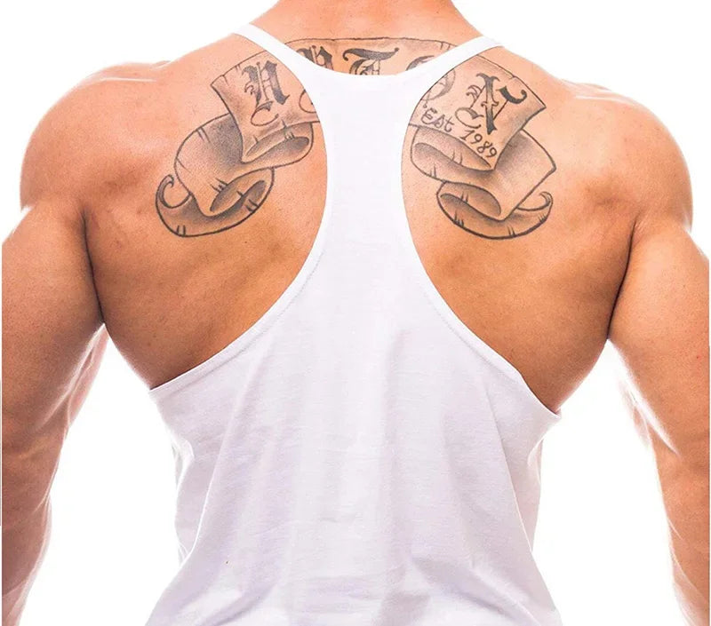 Men's gym stringer singlet vest, white racerback tank with deep U neckline