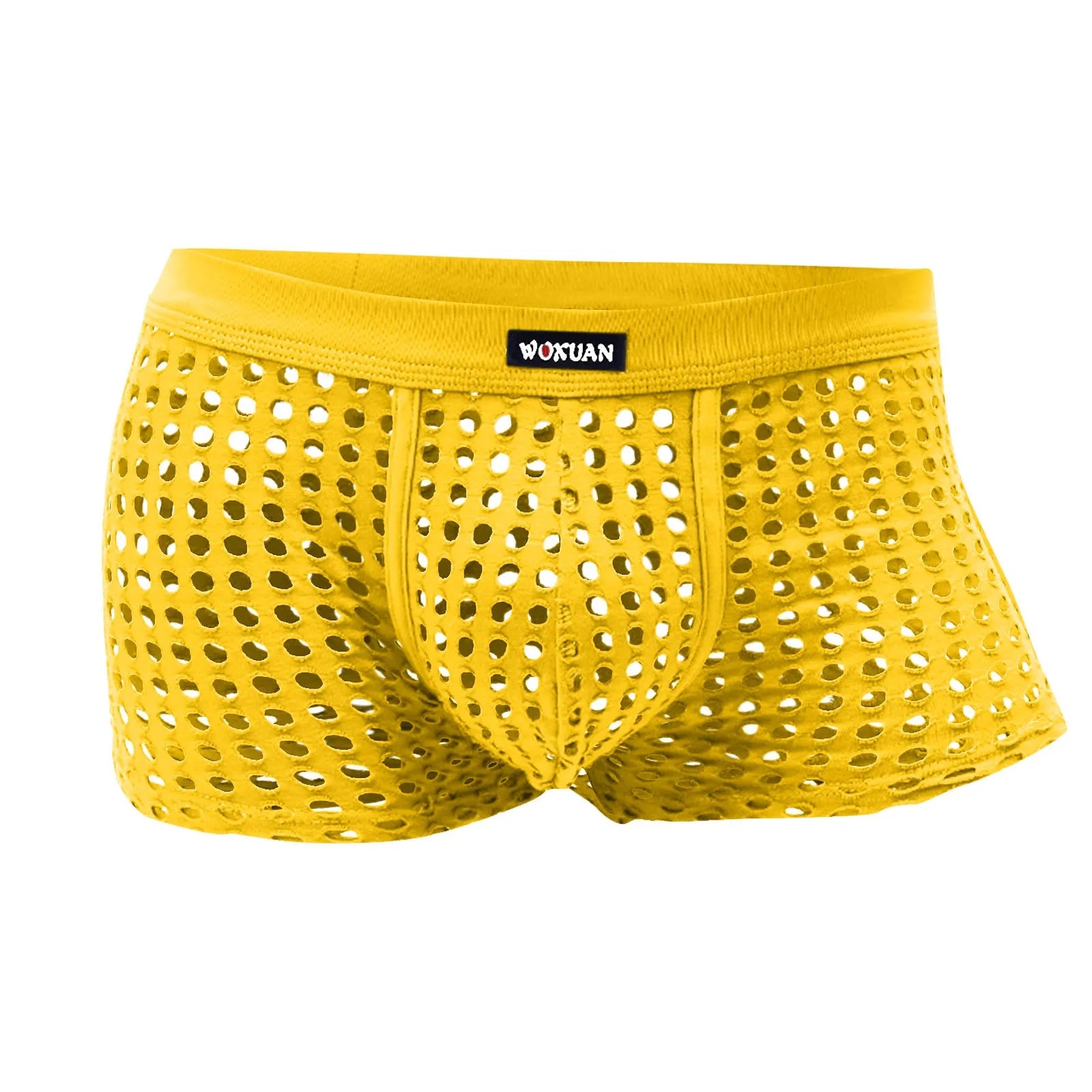 Open-mesh cutout boxer shorts, yellow, perforated mesh with pouch front.