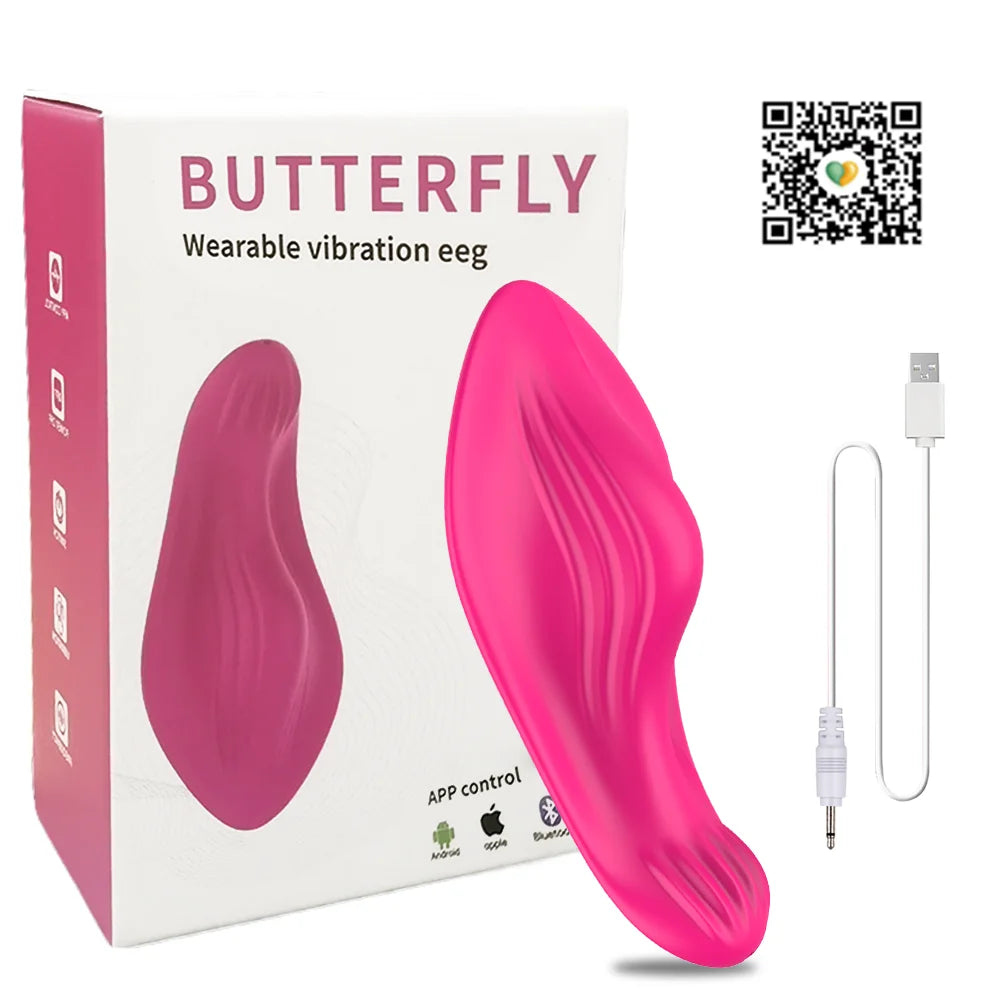 Hot pink wearable butterfly vibrator boxed with USB charging cable included