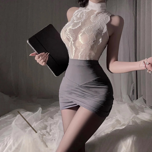 White lace high-neck sleeveless top with fitted gray mini pencil dress uniform set