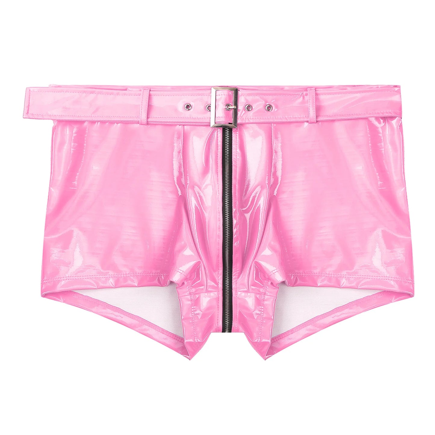 Pink wet-look PVC boxer briefs with front zipper, snap belt, and wide waistband