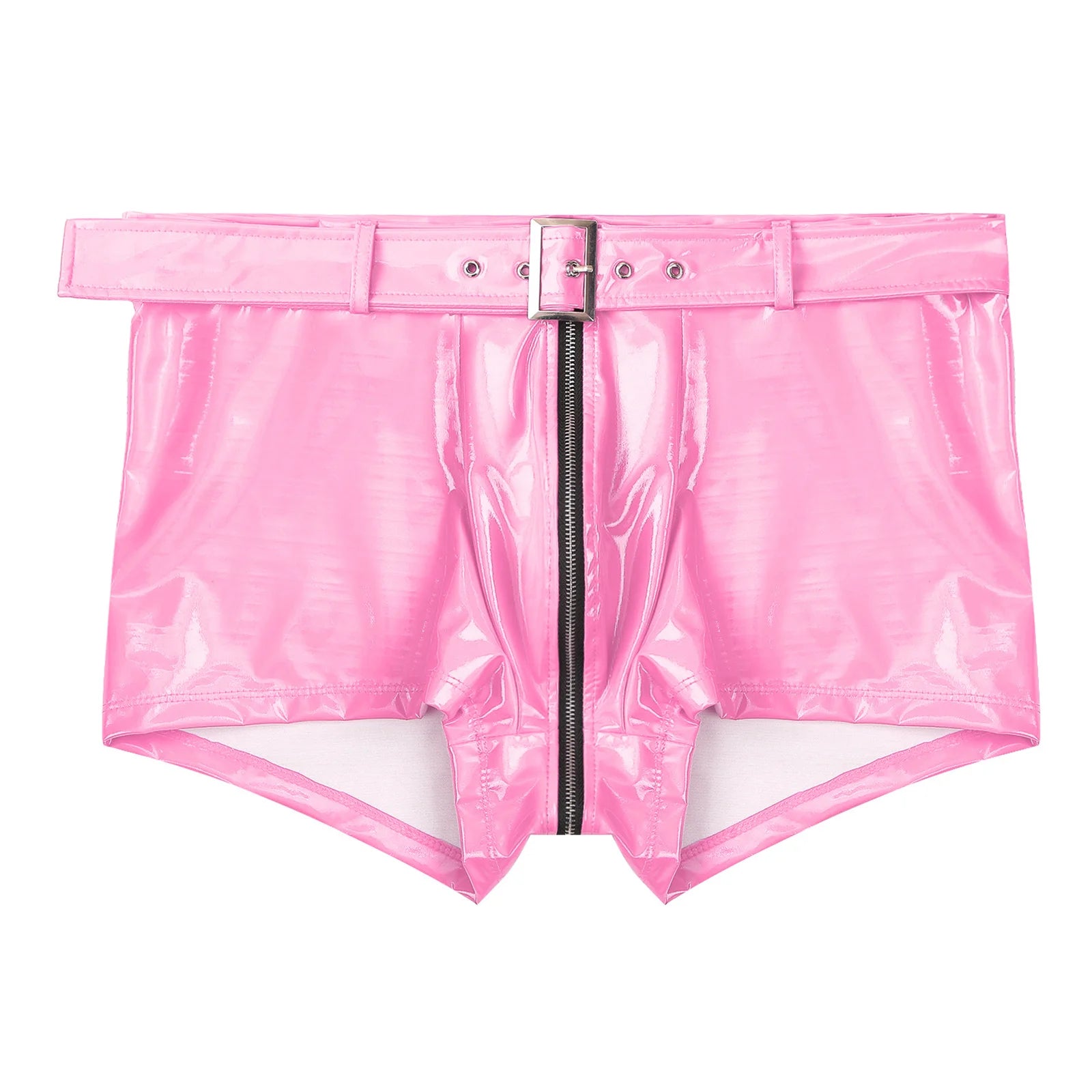 Pink wet-look PVC boxer briefs with front zipper, snap belt, and wide waistband