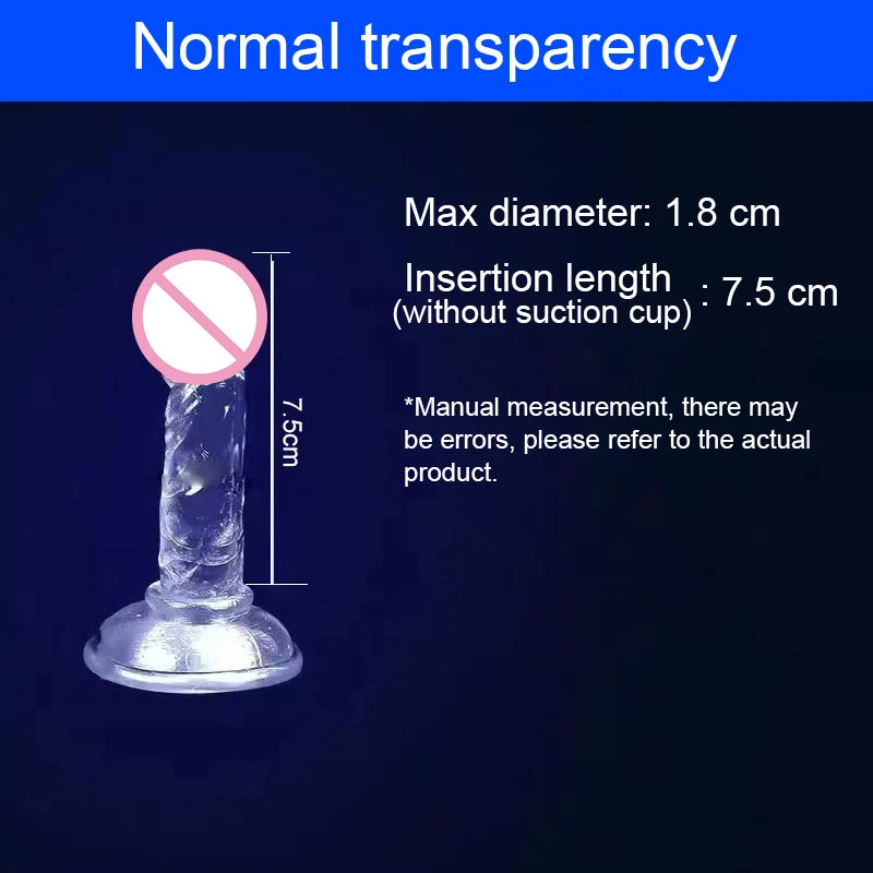 Clear jelly dildo with suction cup; 1.8cm max diameter, 7.5cm insertion length
