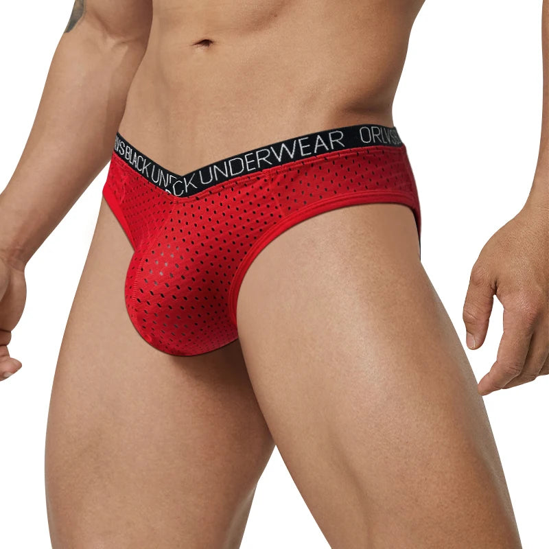 Red sheer mesh pouch brief with black logo waistband and cutaway legs