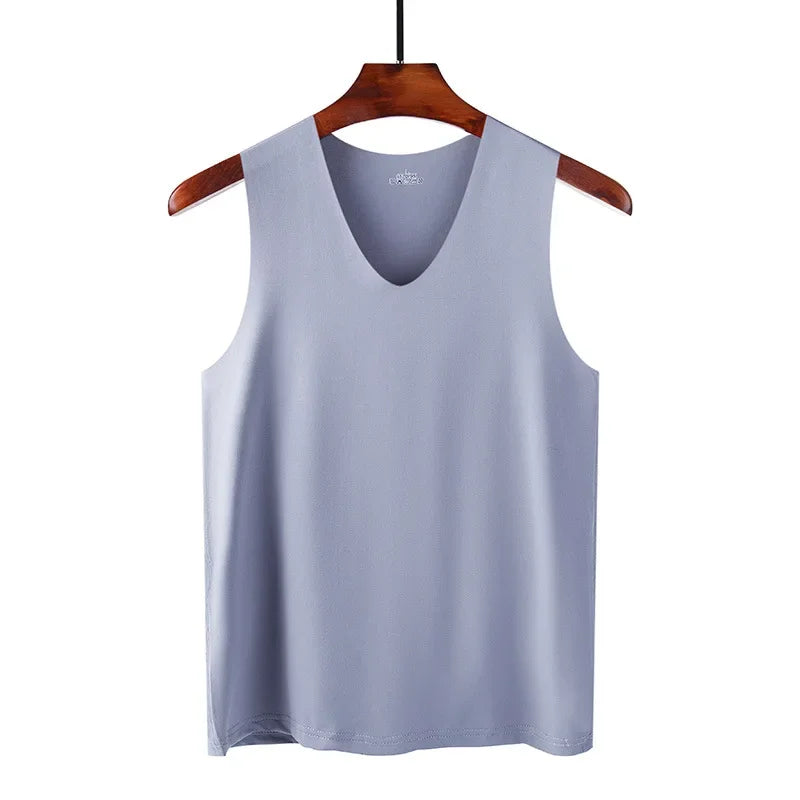 Men's ice silk traceless tank top, pale gray sleeveless V-neck