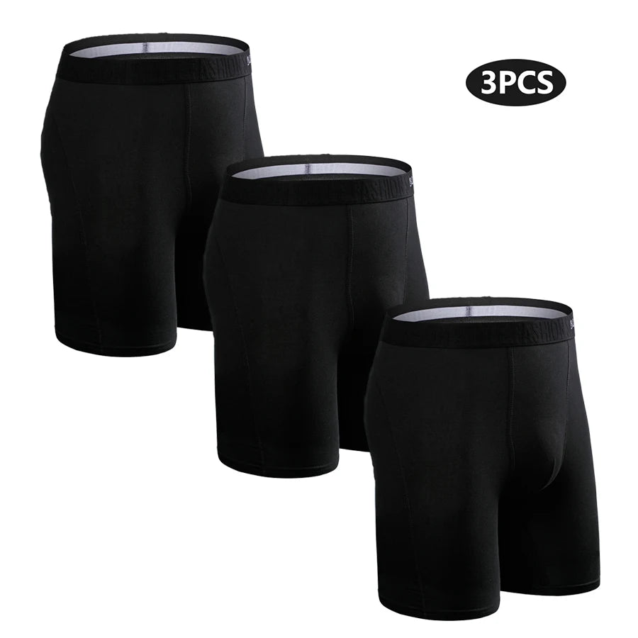 Men's cotton long boxer shorts, 3-pack in black