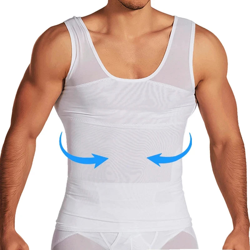 Men's white compression vest with blue arrows on the abdomen and chest support