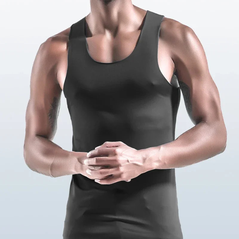 Men's thin V-neck undershirt vest, dark color sleeveless on model