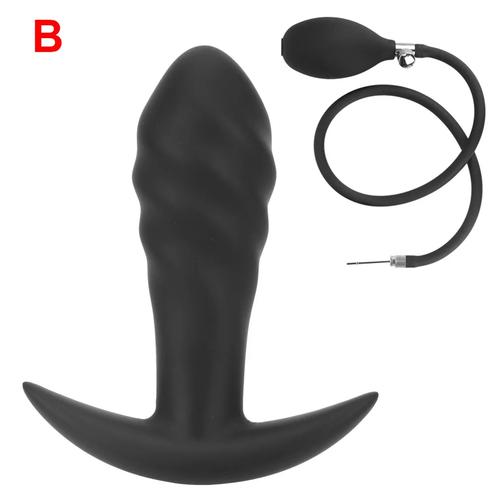 Inflatable anal plug with air pump hose, dark black, size B