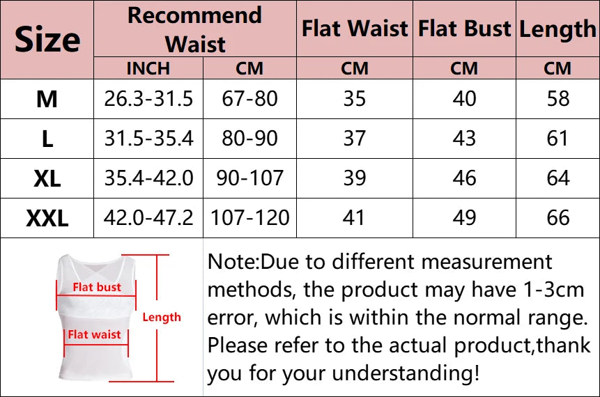 Size chart for compression vest with measurements for M to XXL