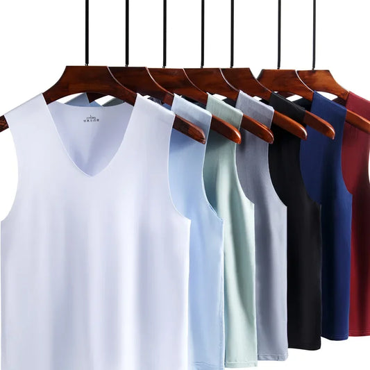 Men's traceless V-neck tank top, multiple colors (white, black, blue) on hangers