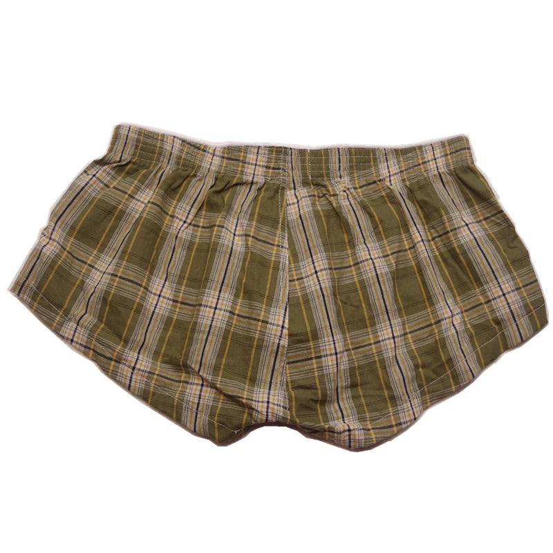 Olive, yellow, and white plaid cotton boxer briefs with elastic waistband, 1-piece