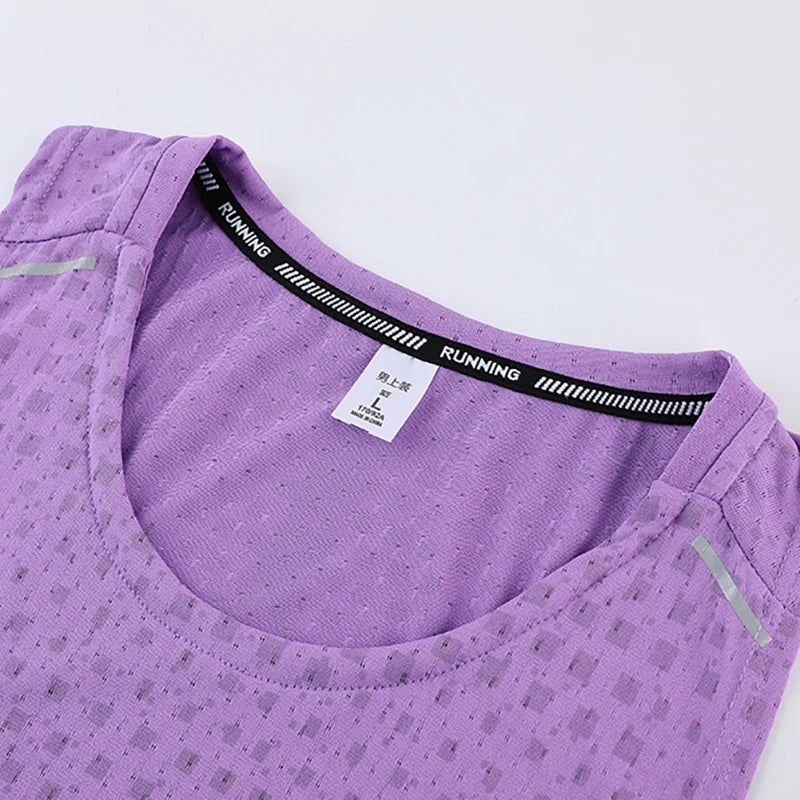 Purple mesh gym vest tank top neckline with branded label