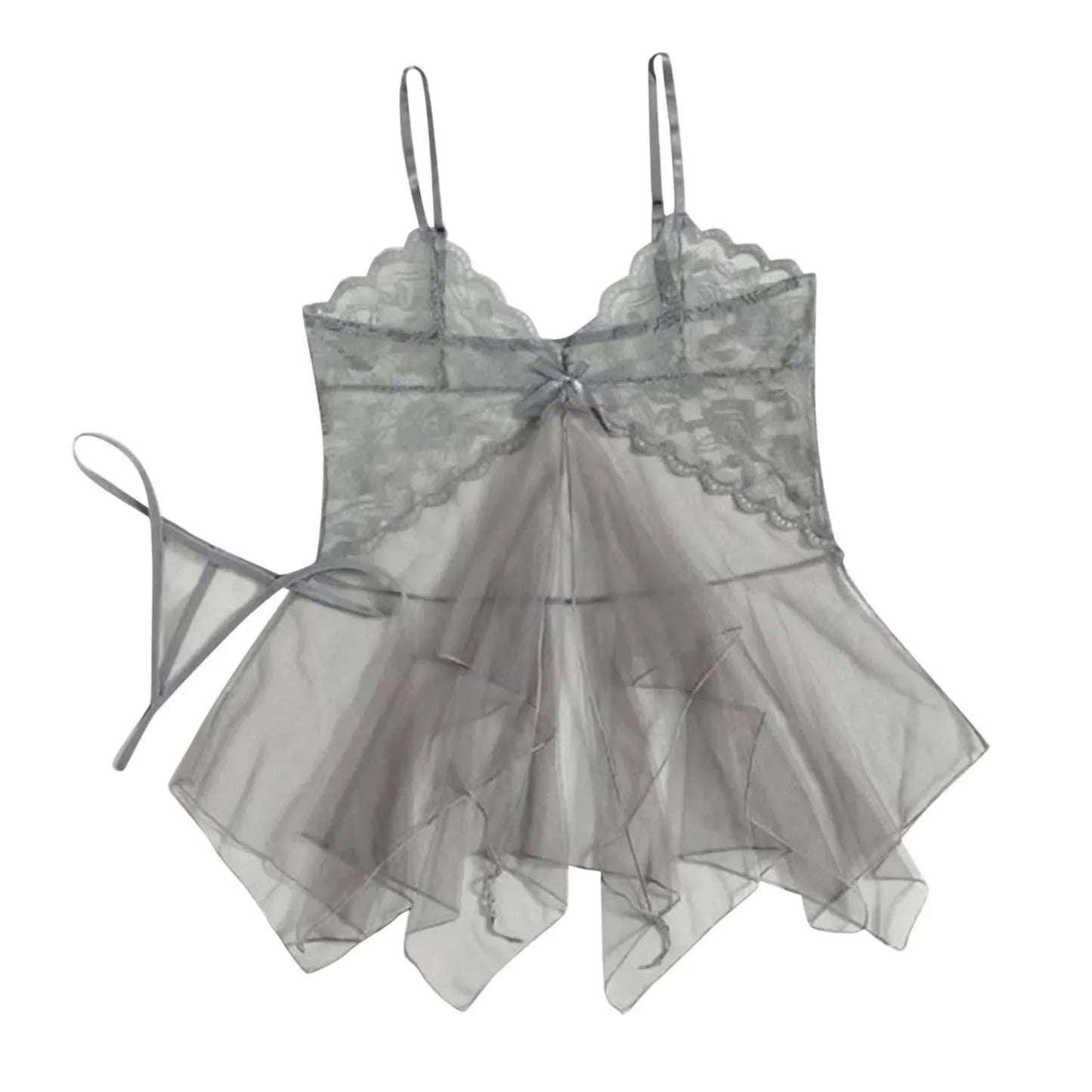Grey sheer tulle lace babydoll chemise set with matching thong, lace-trim straps