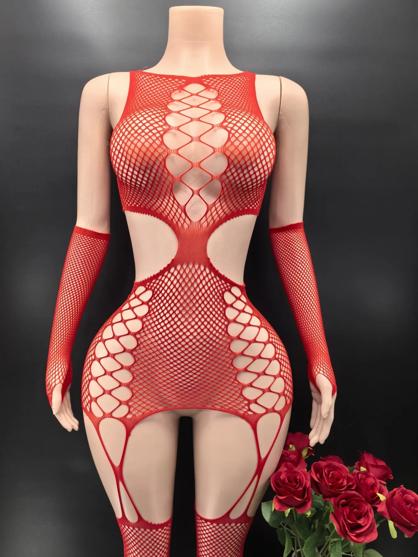Red sheer fishnet catsuit with open lattice back and high-cut leg openings