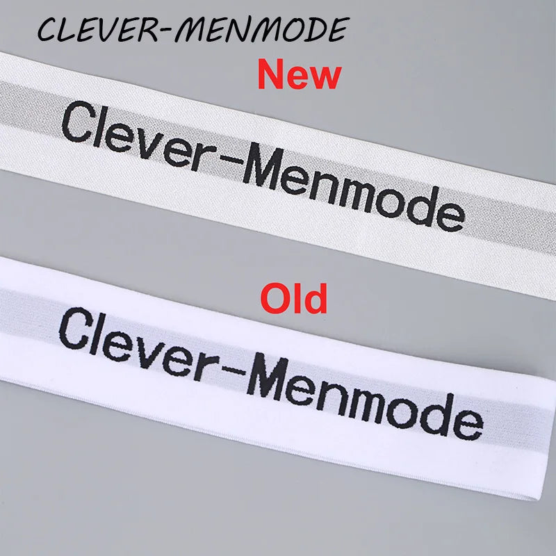 White waistband label showing logo text comparison: new vs old
