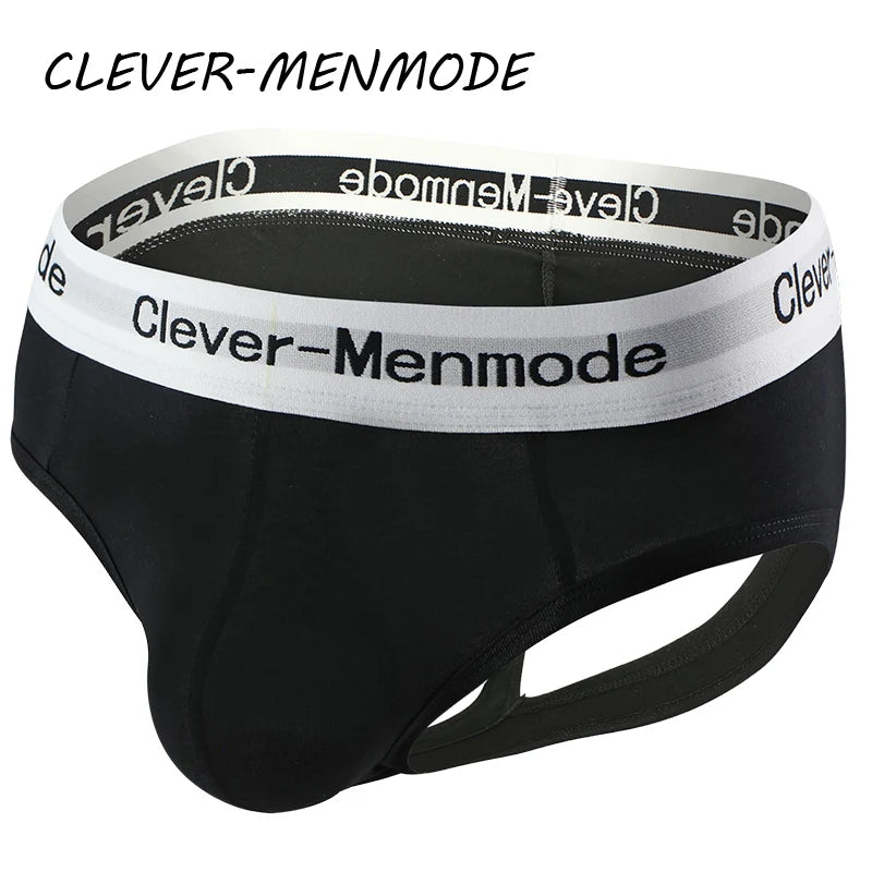 Black cotton open-back anal brief with wide waistband and side cutout