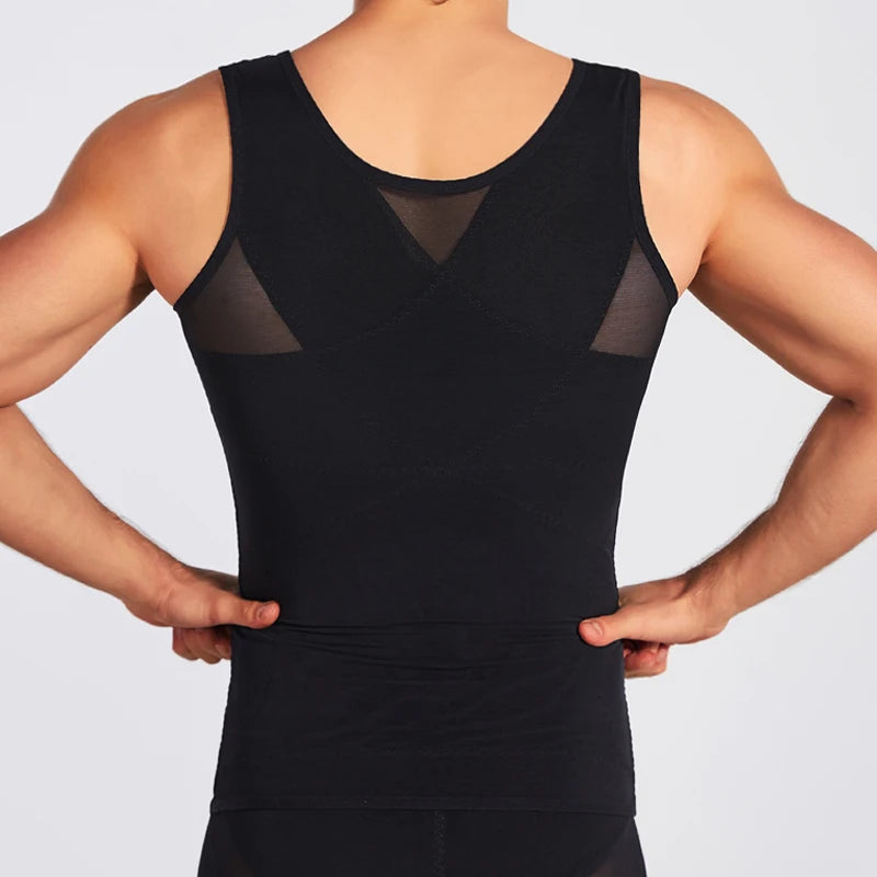 Men's black compression shapewear vest with mesh yoke and sleeveless cut