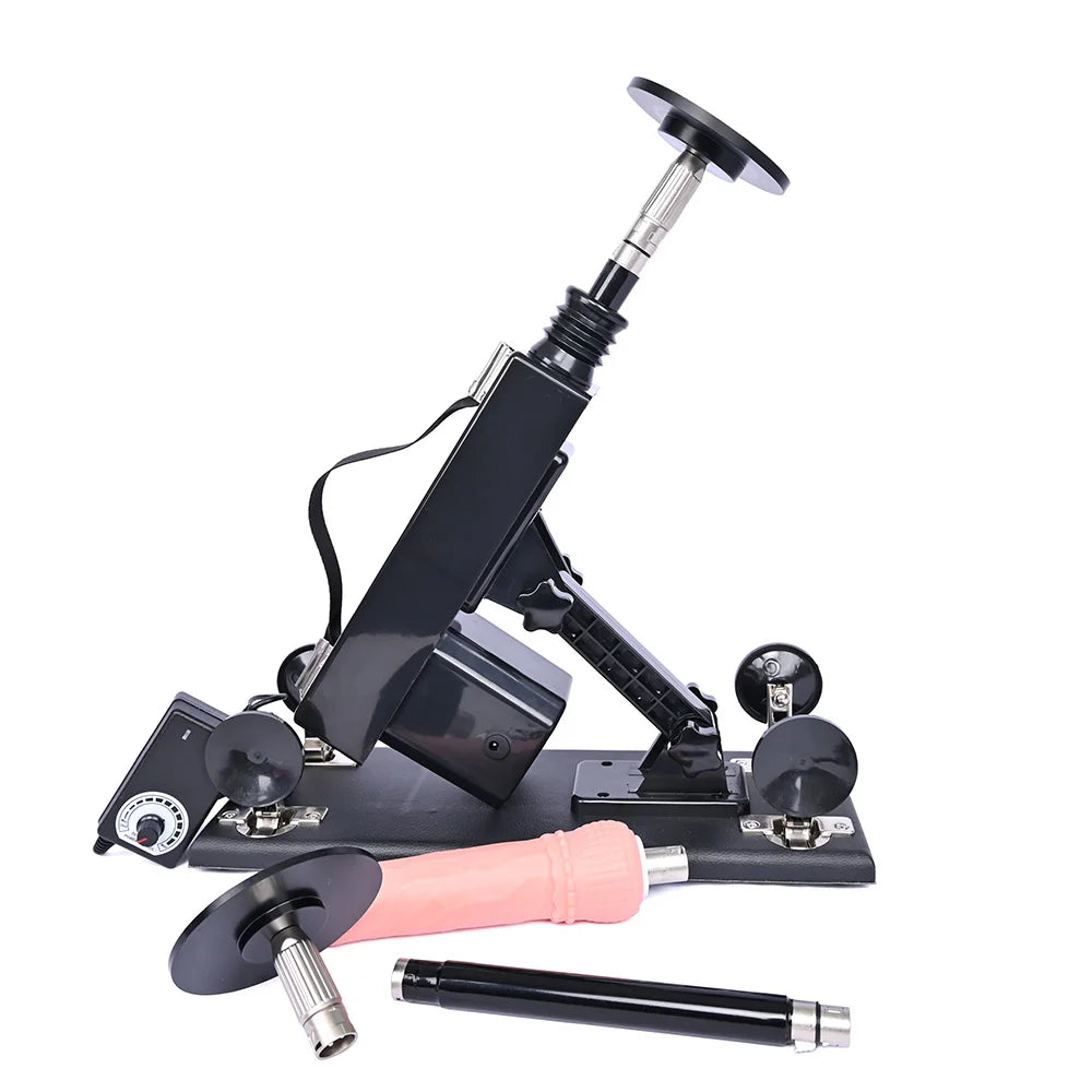 Automatic thrusting sex machine with peach dildo and black base, suction-mount feet