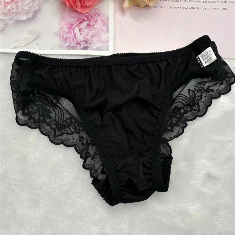 Black jacquard lace U-pouch brief with scalloped lace trim and ruched center front
