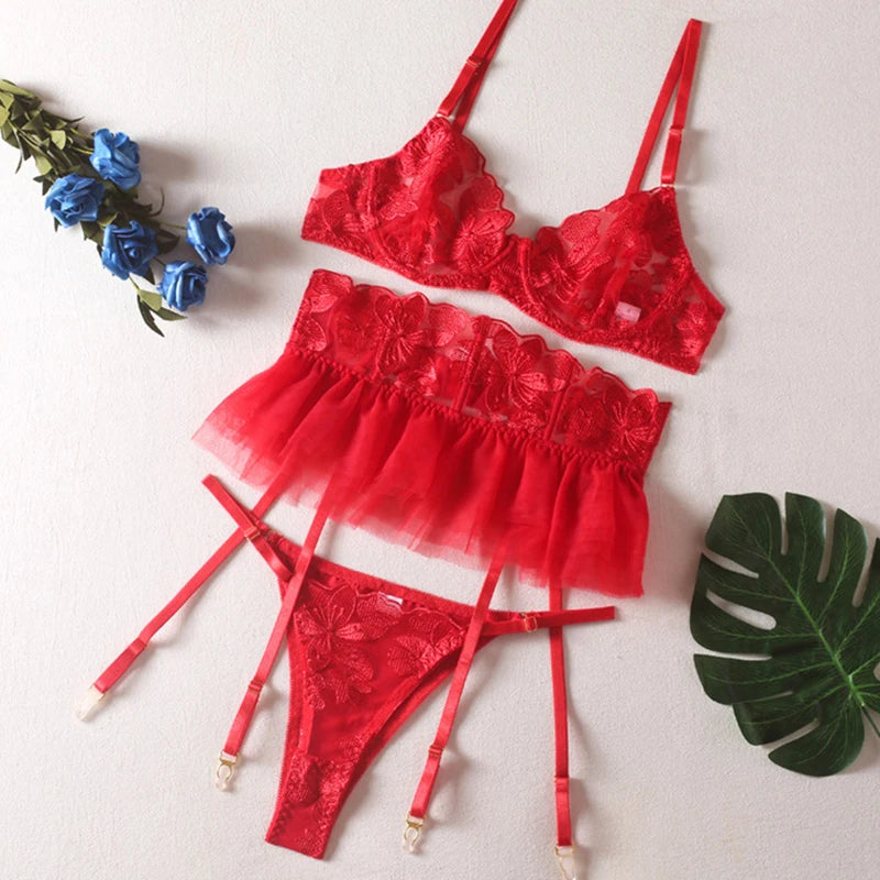 Red strappy embroidered mesh lingerie set with bra, sheer skirt, thong and garter straps