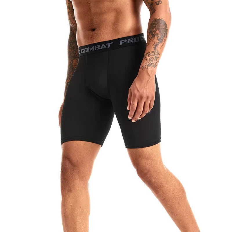 Black quick-dry sports boxer shorts, front view with contoured pouch and logo waistband