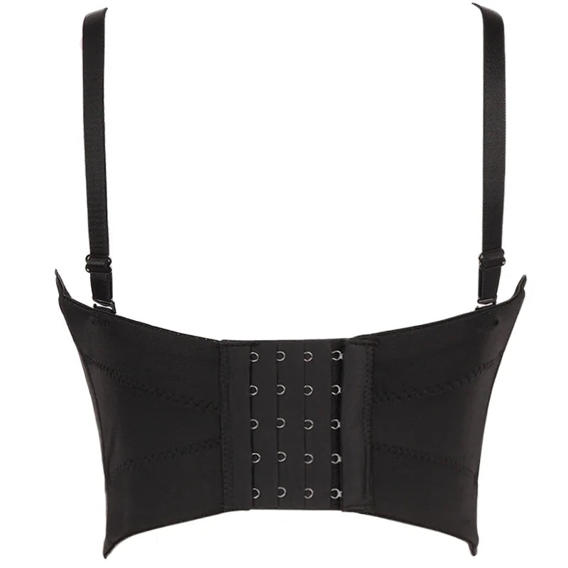 Black corset bustier bra with front hook-and-eye waist shaper panel and underwire cups
