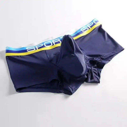 Ice silk brief in deep blue with striped waistband and contoured pouch design