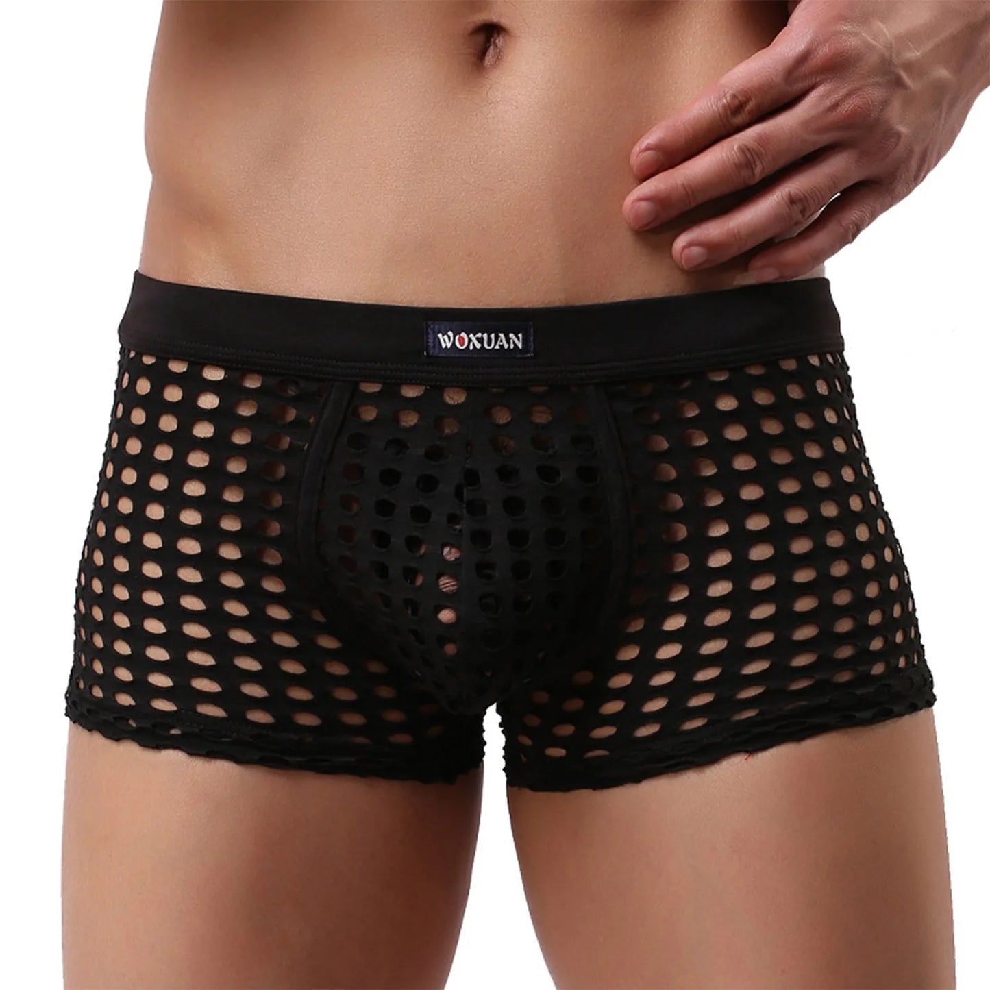 Open-mesh cutout boxer shorts, black, full front view with pouch and cutout pattern.