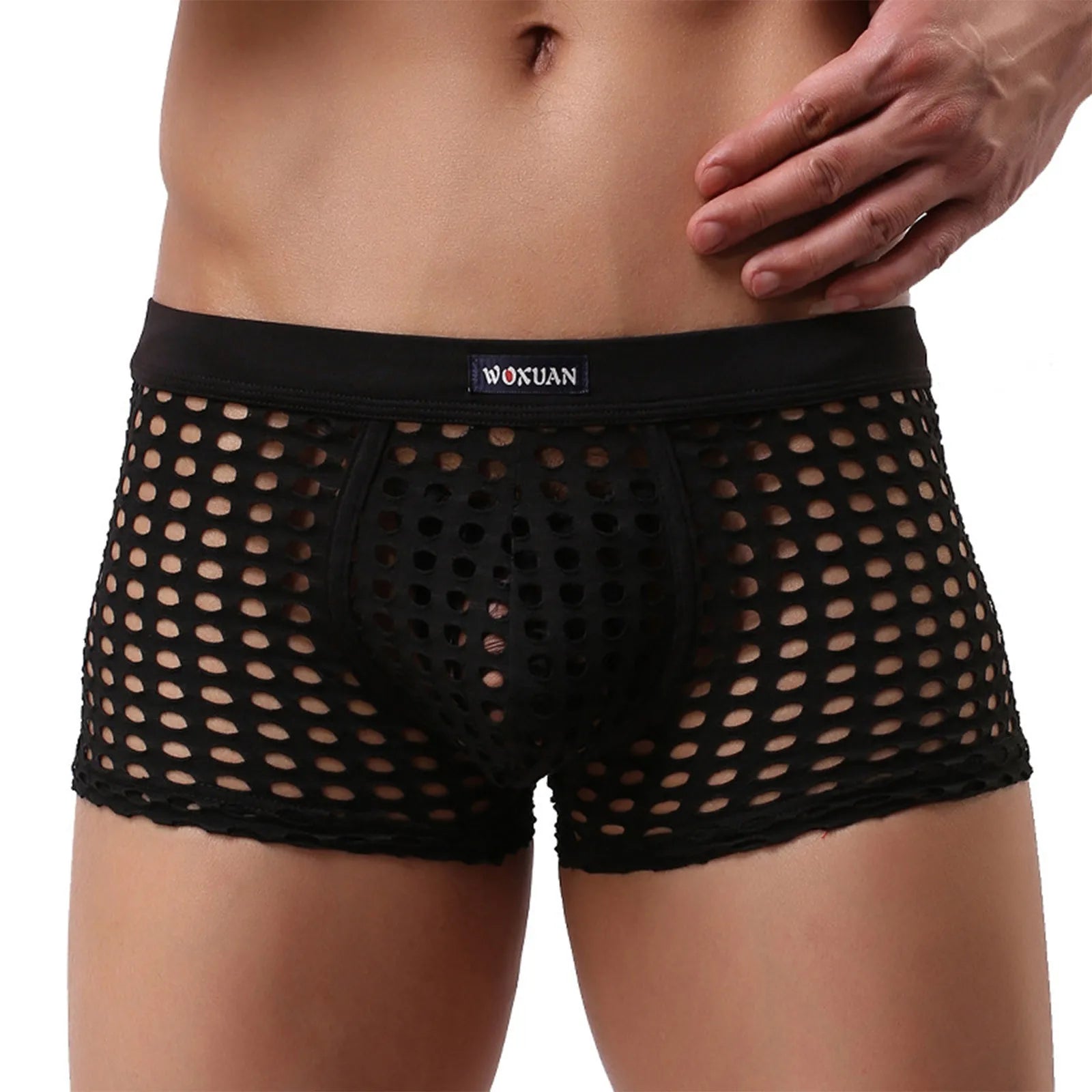 Open-mesh cutout boxer shorts, black, full front view with pouch and cutout pattern.