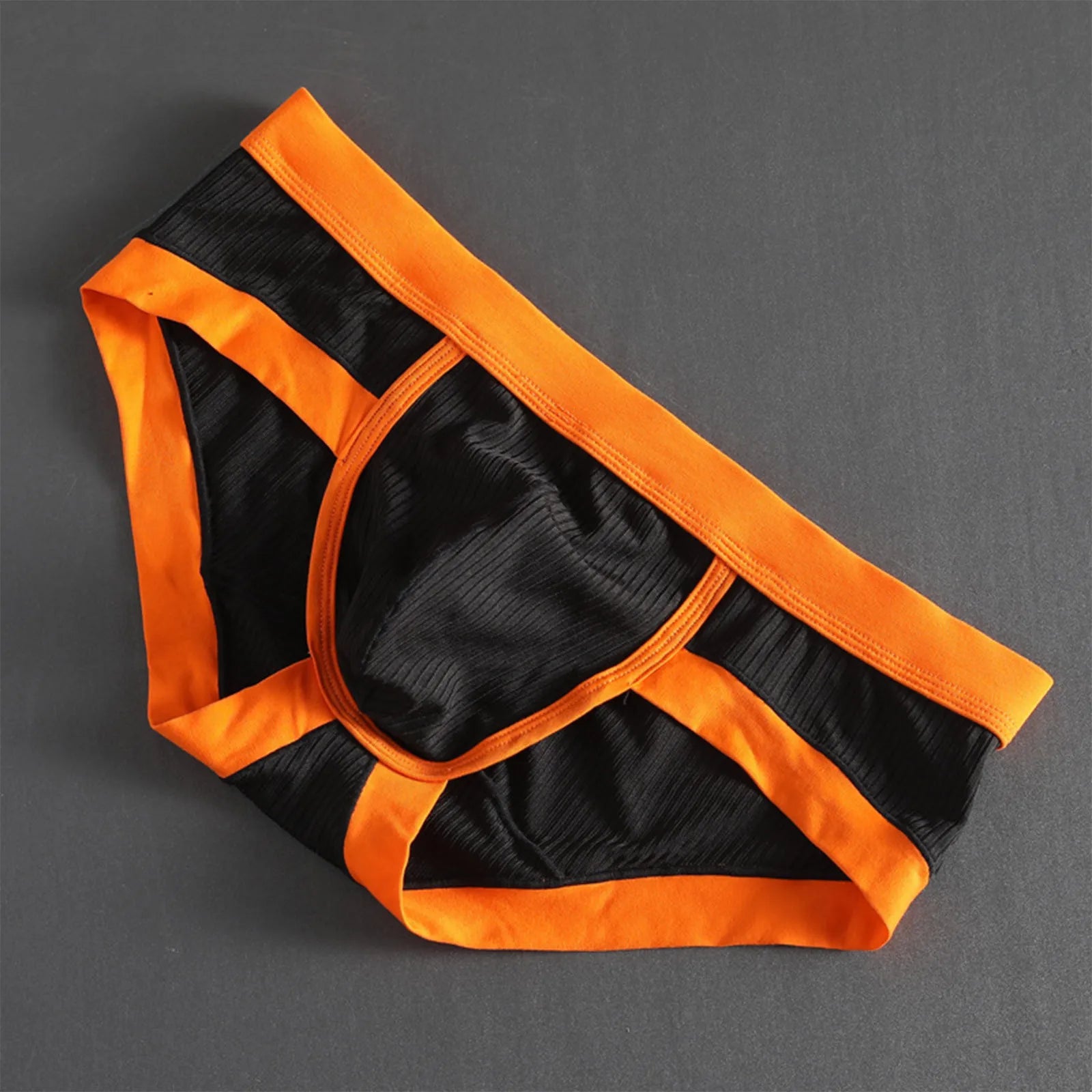 Orange-and-black striped U-pouch low-rise brief with black waistband