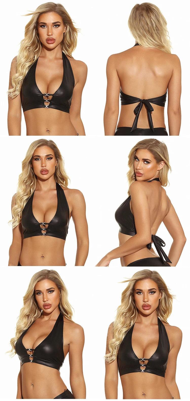 Black cross-back bralette multi-view collage: front, back, and angled views