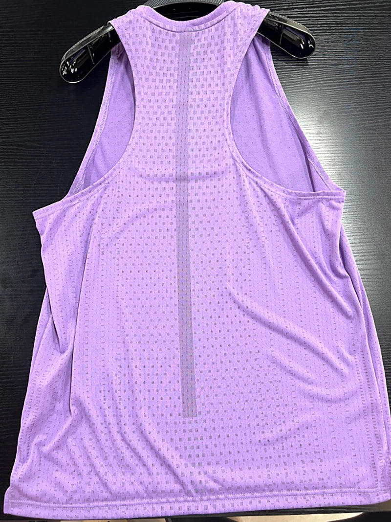 Men's breathable mesh gym vest tank, purple, sleeveless and relaxed side drape