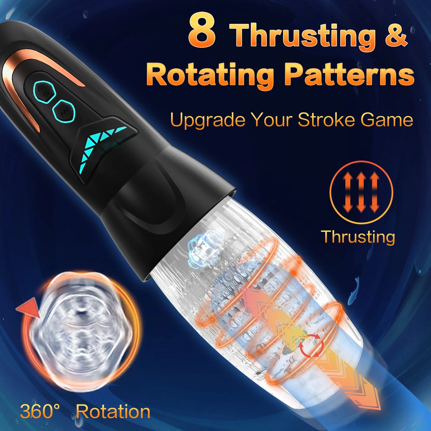 Black masturbator cup with rotating clear tunnel and orange thrust pattern graphics