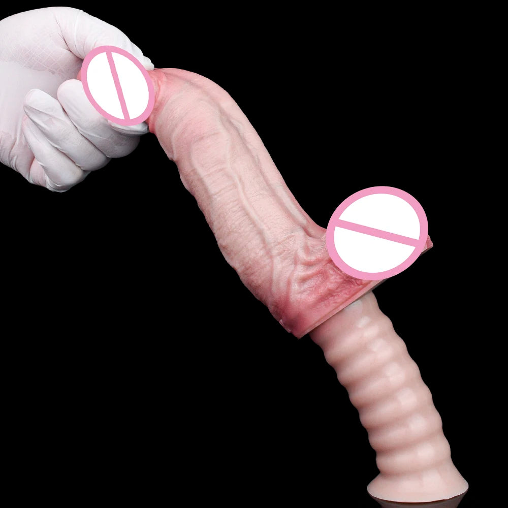 Textured silicone dildo in light pink, curved shape with suction base