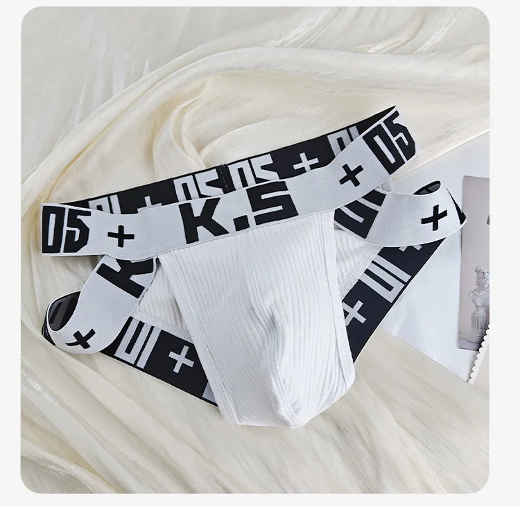 White ribbed stretch brief with wide elastic waistband and black logo print.