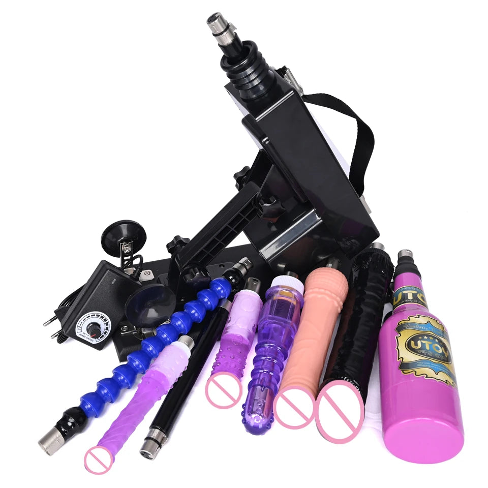Automatic thrusting sex machine with blue, purple, peach dildos and black frame