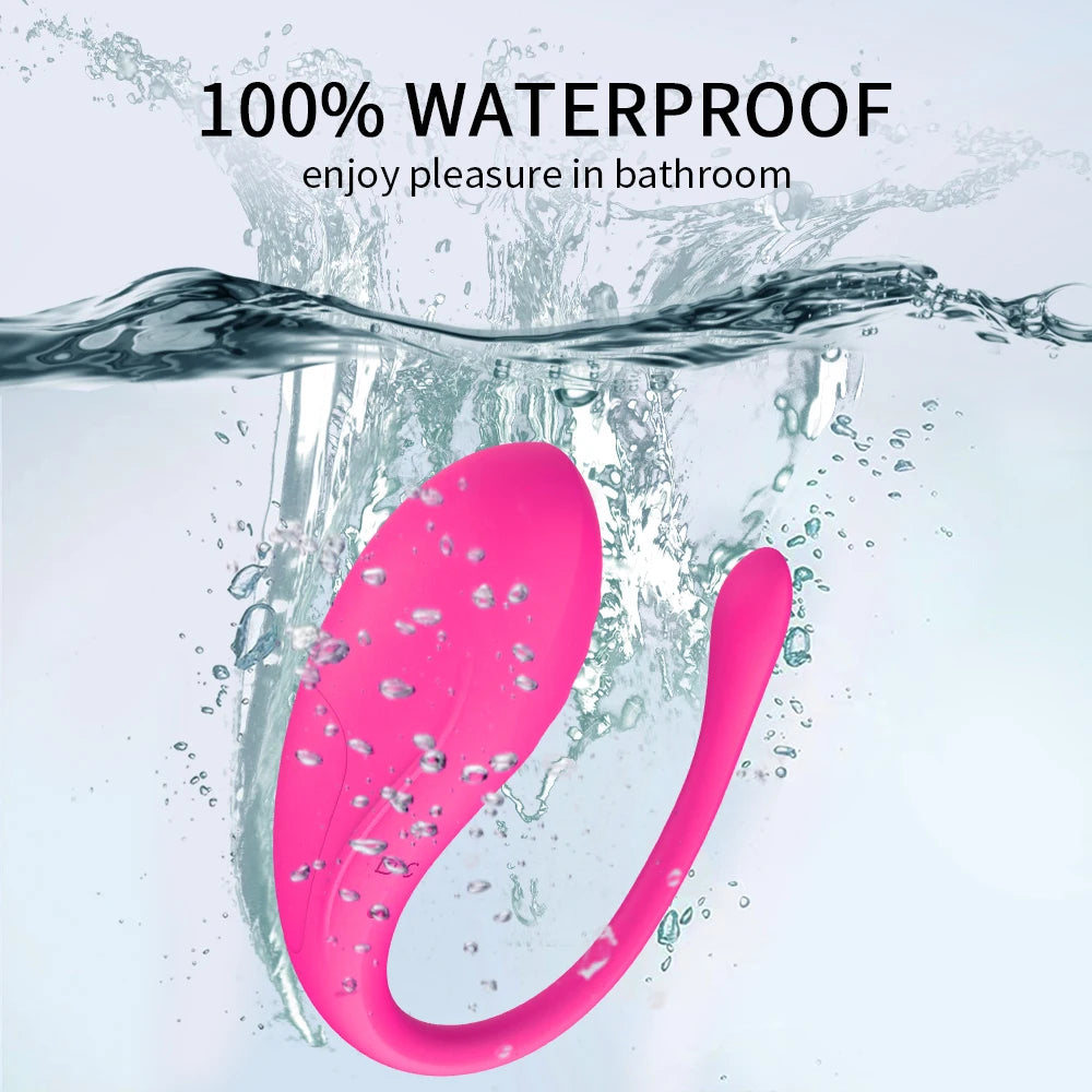 Pink G-spot Bluetooth vibrator with water splash graphic, 100% waterproof feature text