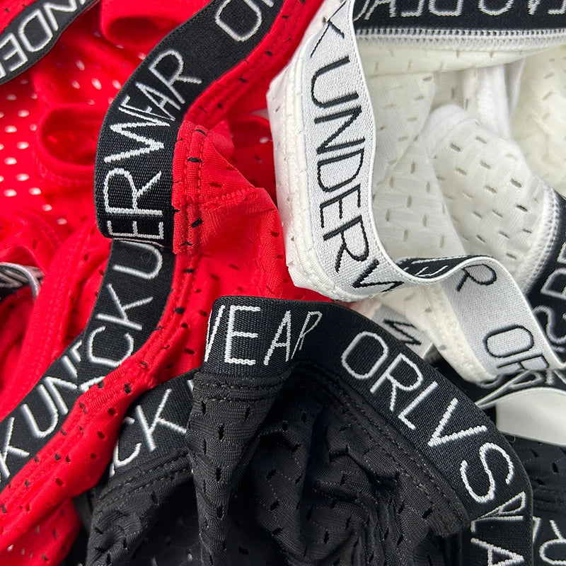 Red sheer mesh pouch brief close-up of dot texture and logo waistband