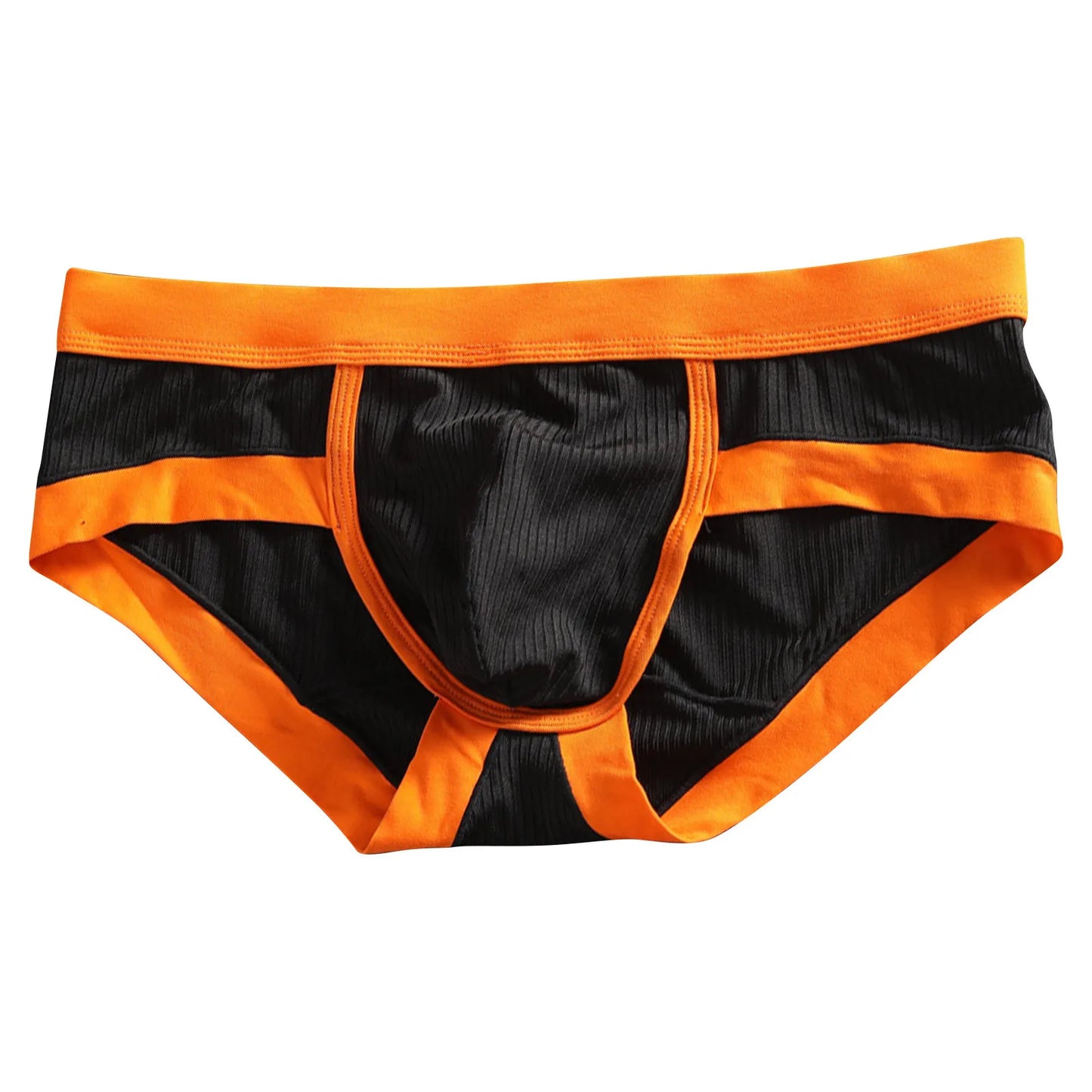 Striped U-pouch low-rise brief in black with bright orange waistband and side panels