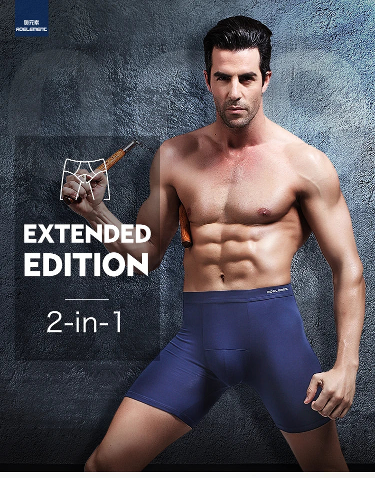 Man wearing dark blue modal compression boxer briefs with logo waistband