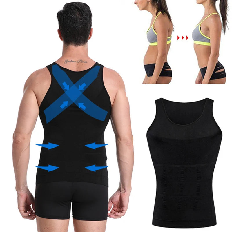 Black slimming compression corset vest with wide shoulder straps and front paneling
