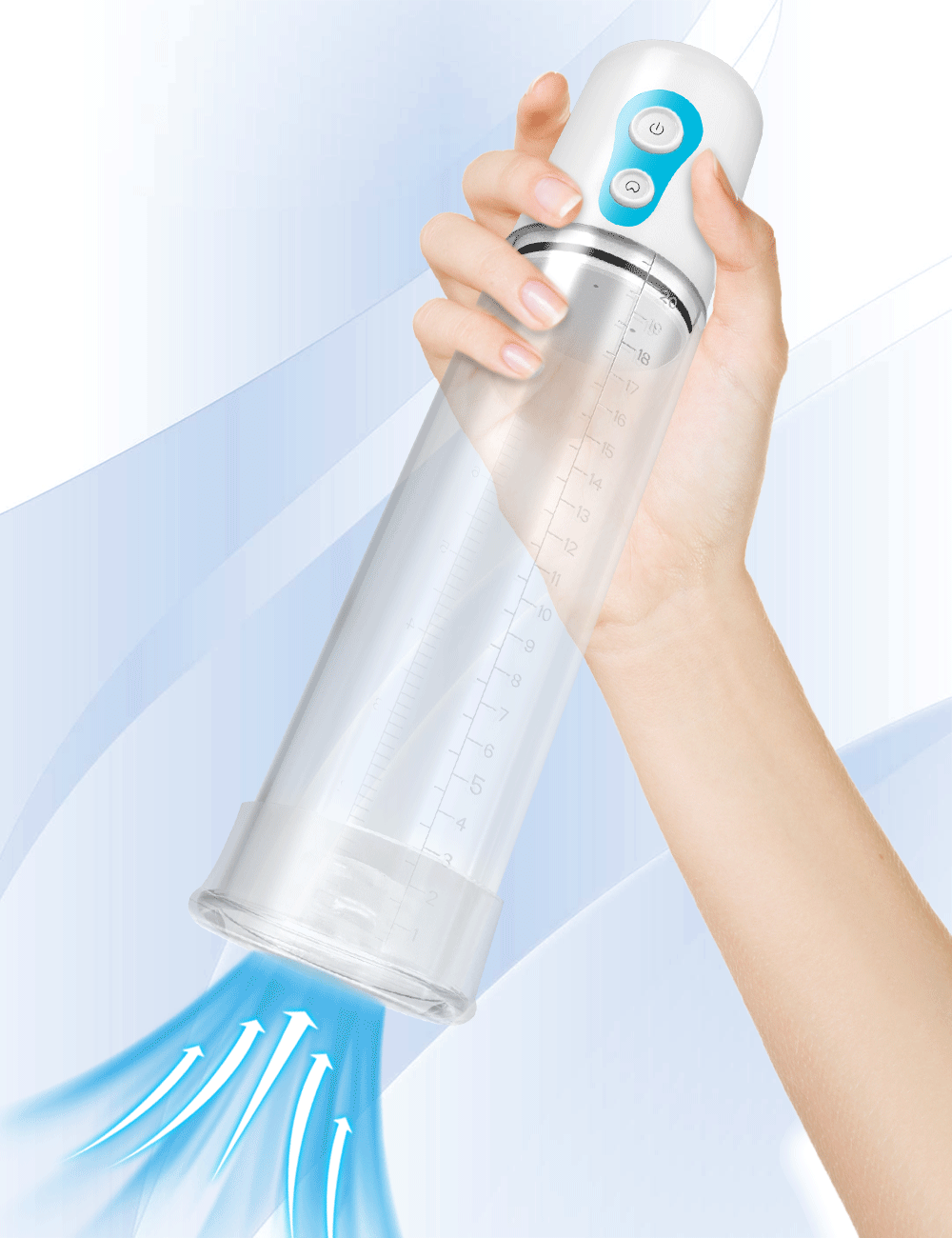 Hands holding white electric pump with blue buttons, clear measurement cylinder