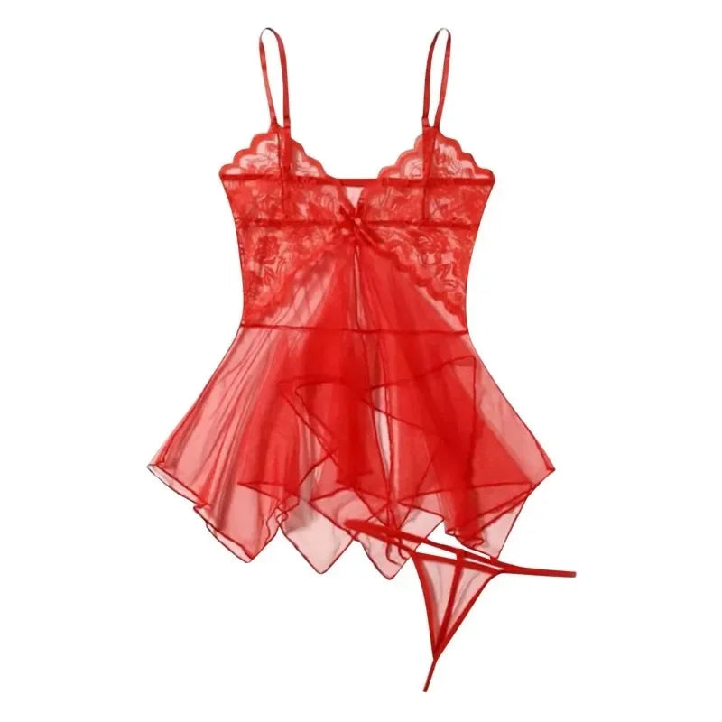 Red sheer tulle lace babydoll chemise set with matching thong, scalloped lace trim