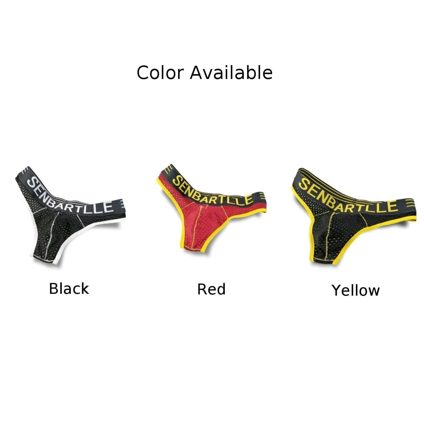 Color options: black, red, and yellow letter print U-pouch mesh briefs