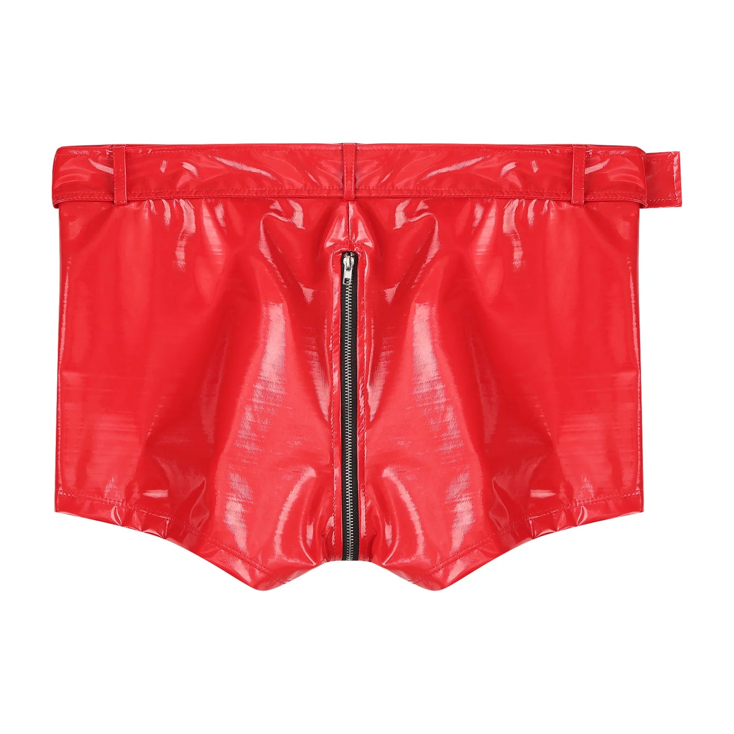 Red wet-look PVC boxer briefs with front zipper and wide waistband