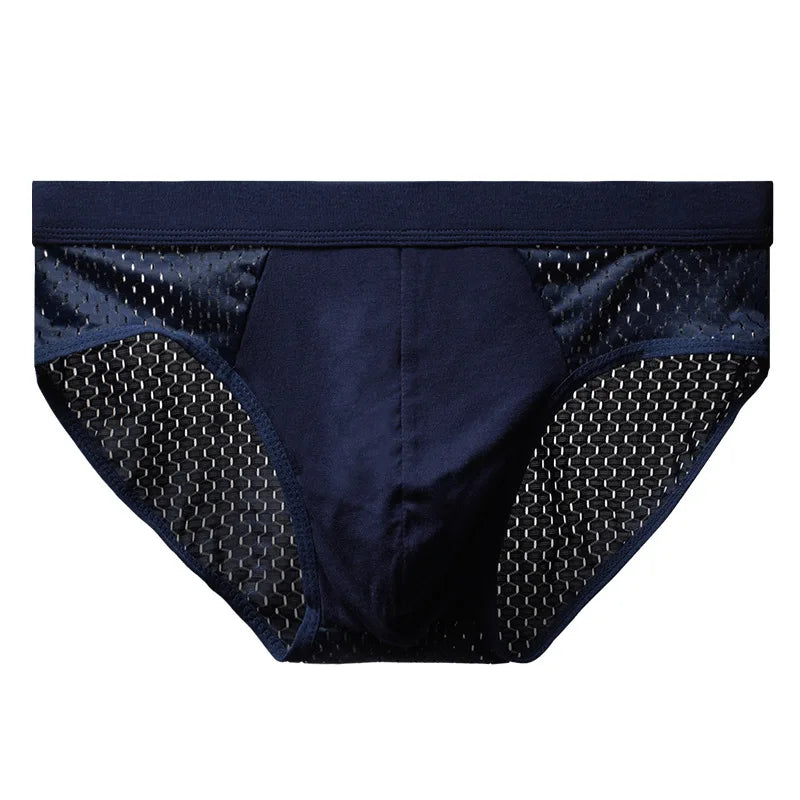 Ice silk mesh square-cut briefs, dark blue pair with mesh sides and elastic waistband