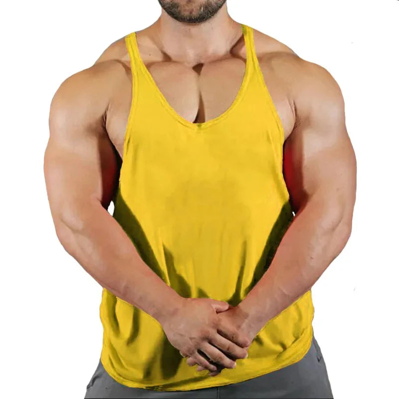 Men’s gym stringer singlet vest in yellow with “BEAST” chest graphic