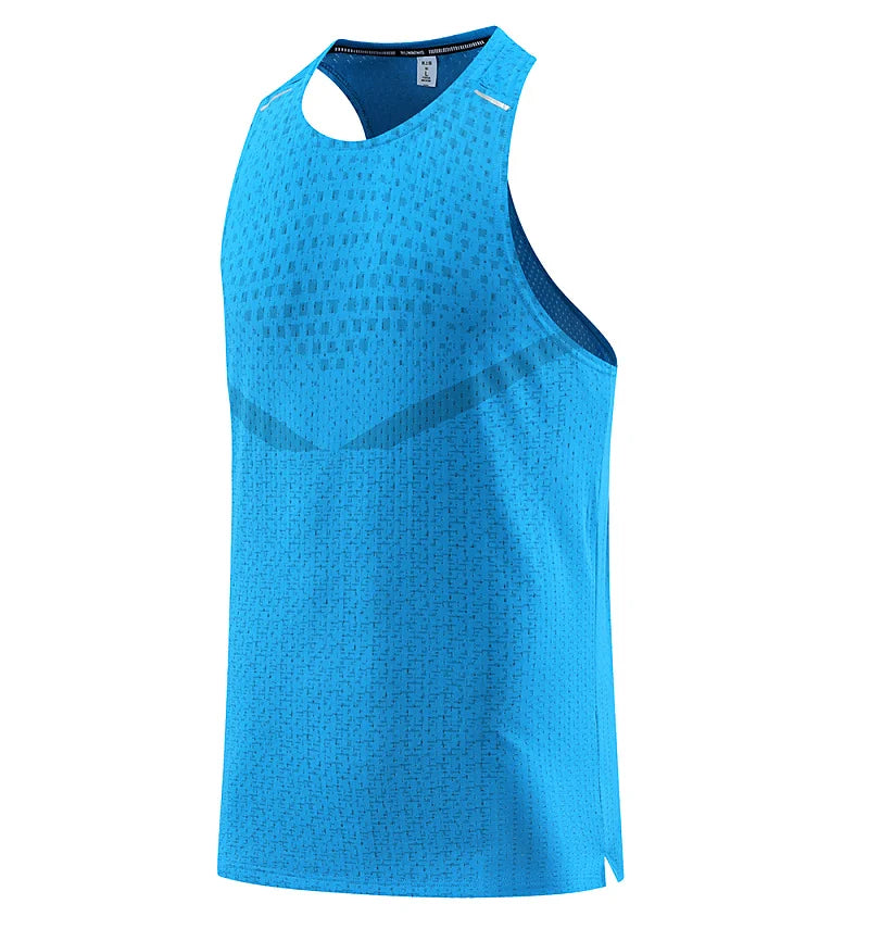 Blue mesh gym vest tank sleeveless with round cutout neckline and side detailing