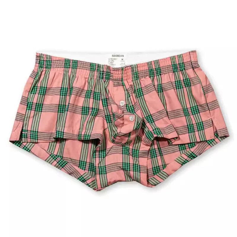 Pink plaid cotton boxer briefs with elastic waistband and fly front, 1-piece